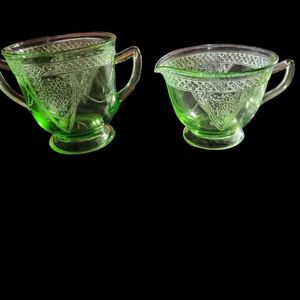 Vintage green depression Federal Georgian Love Birds cream and sugar set